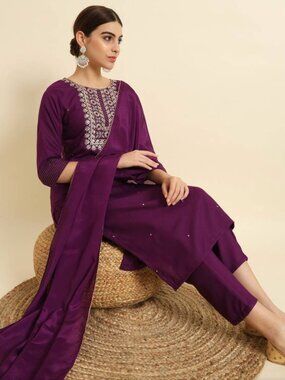 Mirraw - Embroidered Work Straight Kurta Pant And Dupatta Set Wine